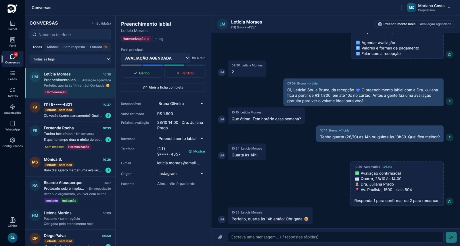 Conversas do WhatsApp dentro do CRM do Dreamclin, com a ficha do lead ao lado