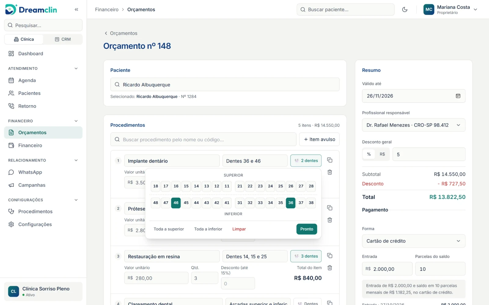 Orçamento do Dreamclin com seleção de dentes e resumo de pagamento