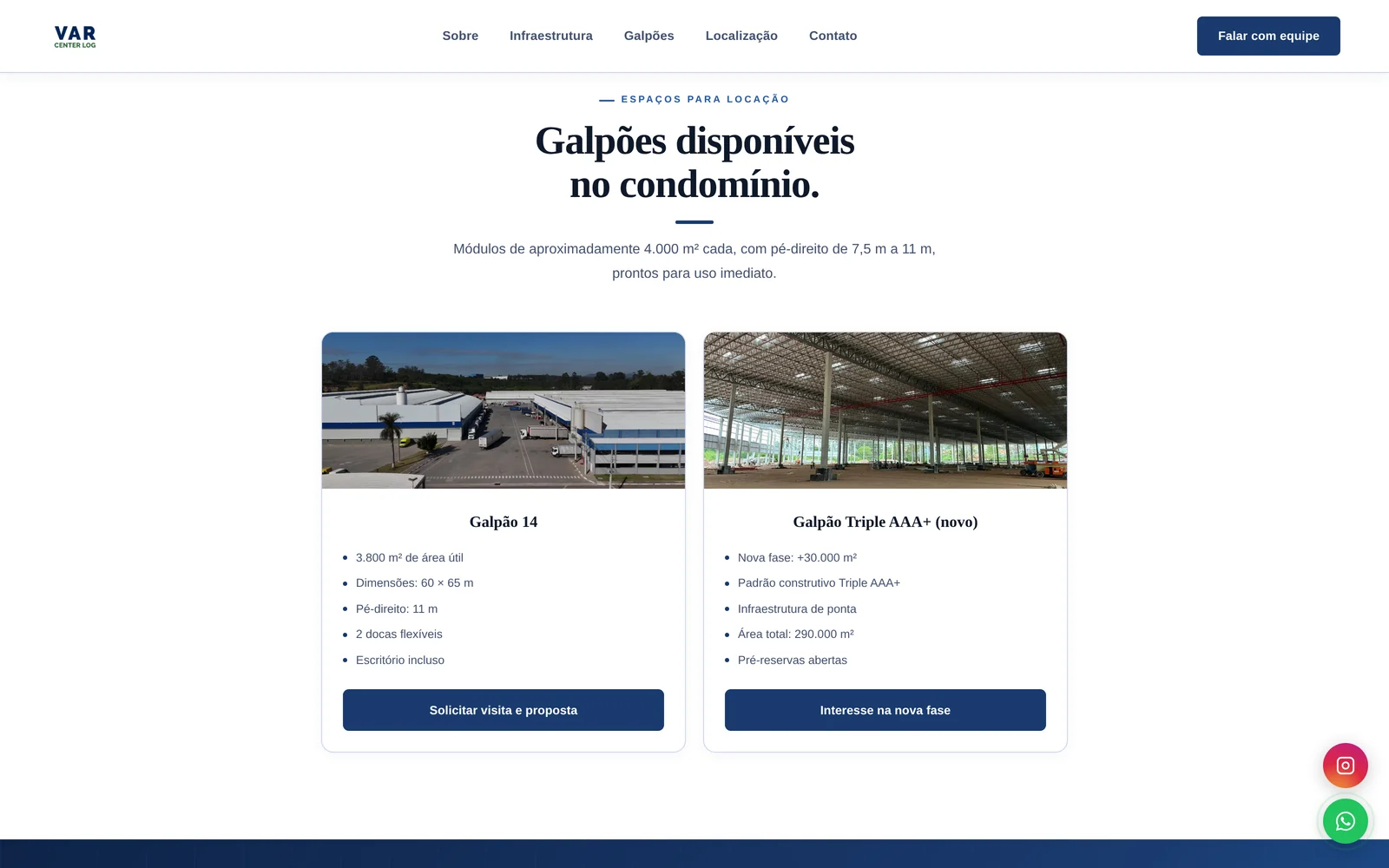 Cards dos galpões disponíveis com ficha técnica e foto real