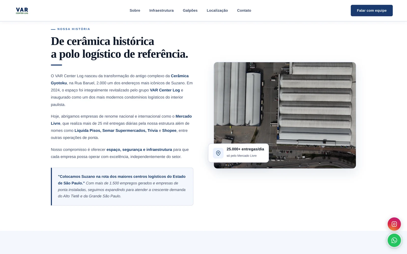 Seção de história do site do VAR Center Log, com foto aérea do complexo