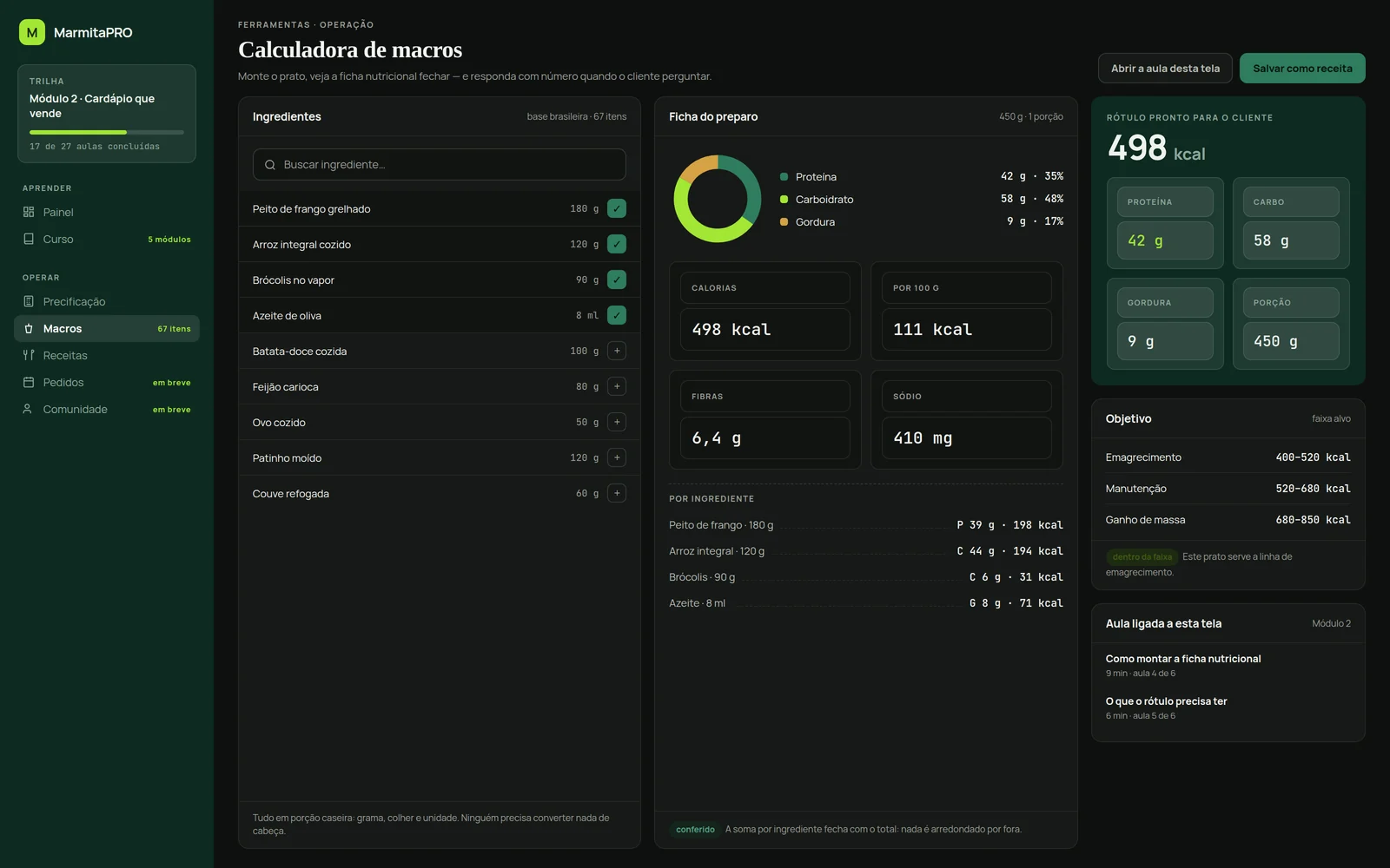 Calculadora de macros do MarmitaPRO com a ficha nutricional do prato