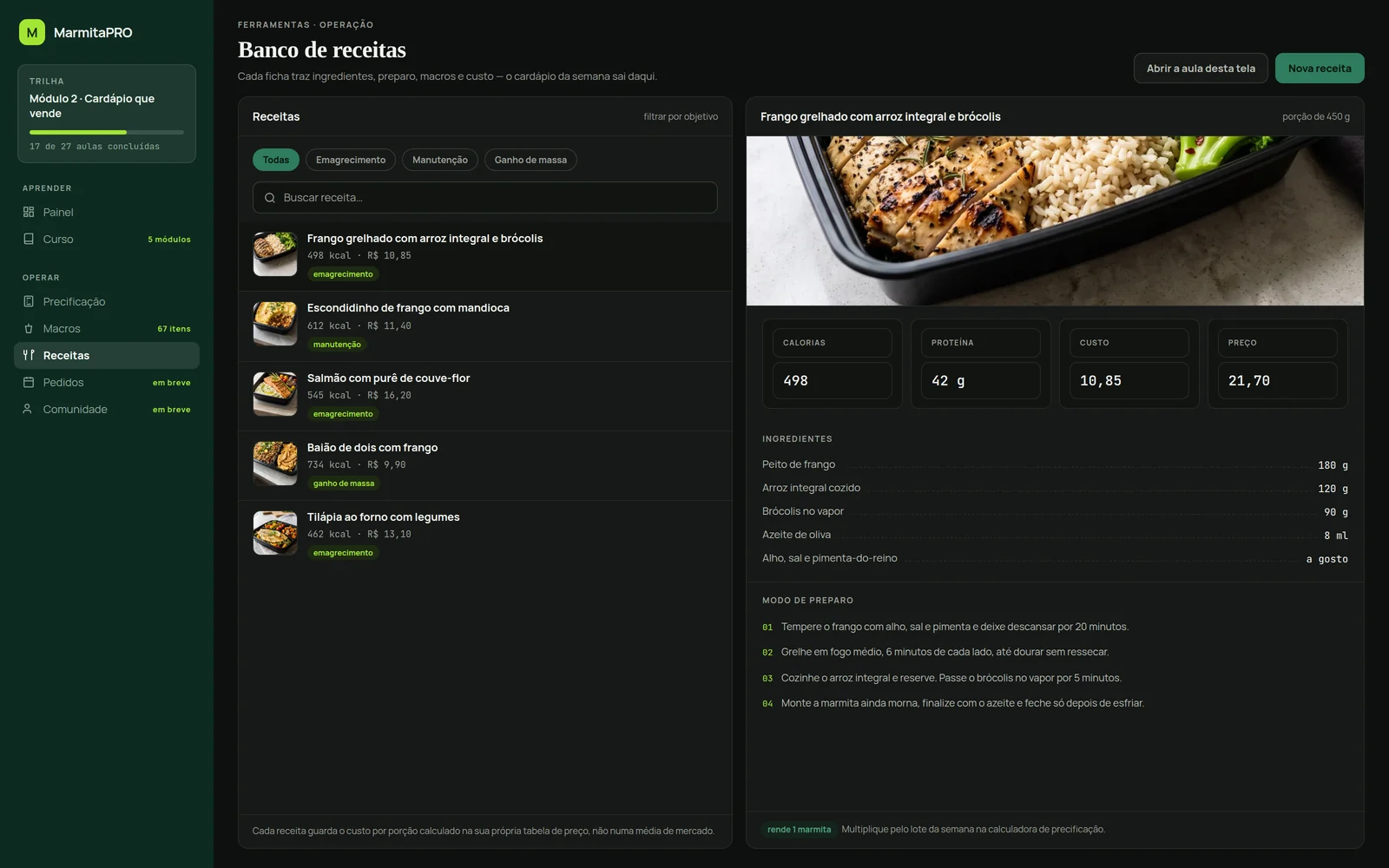 Banco de receitas do MarmitaPRO com ficha completa de uma receita